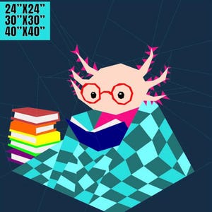 Puede incluir: Ilustración caprichosa de un ajolote con gafas rojas y pajarita rosa, leyendo un libro azul mientras está envuelto en una manta a cuadros azul verdoso y azul. Una pila de libros coloridos a la izquierda. Texto: 24"x24", 30"x30", 40"x40".