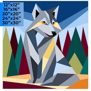 Könnte beinhalten: Geometrischer Kunstdruck eines Wolfes in einer Berglandschaft. Das Kunstwerk zeigt einen Wolf in Grau-, Gelb- und Orangetönen mit einem Hintergrund aus bunten Bäumen und blauem Himmel. Erhältlich in verschiedenen Größen, von 30 cm x 30 cm bis 76 cm x 76 cm.