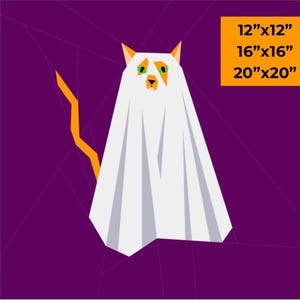Könnte beinhalten: Geometrische Illustration einer Katze als Geist, mit weißem Laken und orangefarbenem Schwanz, vor violettem Hintergrund. Der Text zeigt die verfügbaren Größen an: 30x30 cm, 40x40 cm und 50x50 cm.