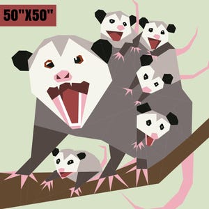 May include: A geometric illustration of a possum with its mouth open, surrounded by five smaller possums. The possums are gray, white, and pink, with black ears. The artwork is on a light green background, and the dimensions are 50" x 50".