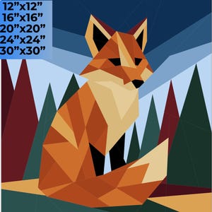 May include: Geometric art print of a fox in orange, tan, and black, with stylized trees and a blue sky. Available sizes: 30cm x 30cm, 40cm x 40cm, 50cm x 50cm, 60cm x 60cm, and 76cm x 76cm.
