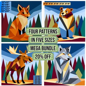 Può includere: Un pacchetto di quattro stampe artistiche geometriche di animali: una volpe, un orso, un alce e un lupo. Ogni animale è raffigurato in stile low-poly con vari colori. Disponibile in cinque dimensioni, tra cui 30x30 cm, 40x40 cm, 50x50 cm, 60x60 cm e 76x76 cm.