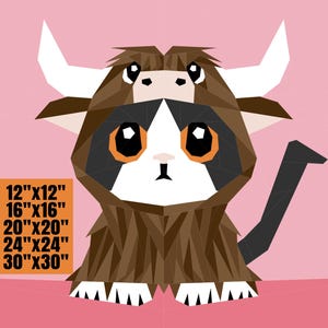 Puede incluir: Ilustración geométrica de un gato con un disfraz de toro, con cara blanca, ojos naranjas y cabeza de toro marrón y negra. La imagen incluye opciones de tamaño: 30x30cm, 40x40cm, 50x50cm, 60x60cm y 76x76cm. El fondo es rosa.