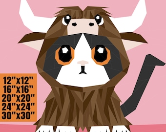 NEW Purrfectly Highland: Cute Cat in a Highland Cow Costume Foundation Paper Piecing Pattern FPP in FIVE Sizes