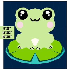 May include: A light green cartoon frog with large black eyes and pink cheeks, sitting on a green lily pad. The image includes text indicating available sizes: 8"x8", 12"x12", and 16"x16". The background is a dark blue.