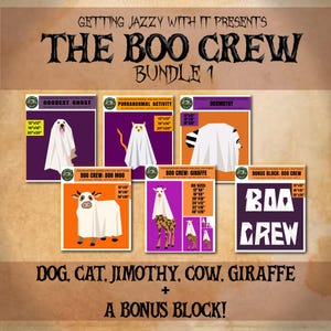 May include: A digital bundle of foundation paper piecing patterns titled The Boo Crew Bundle 1. It includes six individual pattern sheets featuring stylized illustrations of a ghost dog, cat, cow, giraffe, and a Boo Crew text block.