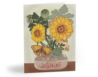 Sending Sunshine Greeting Cards 8 pcs, Sunflower Card, Floral Card, Butterfly Card, Get Well Card