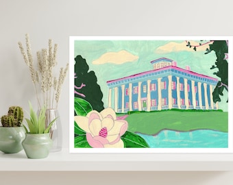 May include: A painting of a blue house with white columns and pink shutters. The house is surrounded by green grass and a small pond. There is a large pink magnolia flower in the foreground.