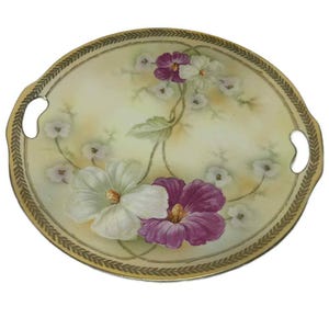 Antique German Hand-Painted Porcelain Plate/Tray with Floral Design and Gold Accents