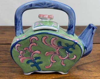 Vintage Ben Rickert Porcelain Teapot, Flat Sided Chinoiserie Floral Miniature Tea Pot, Green Pink & Blue Asian Style Decor