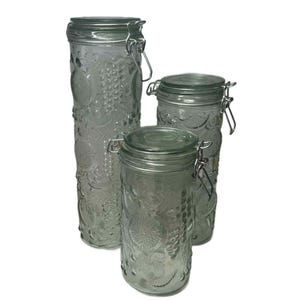 Lovely Vintage Embossed Fruit Heavy Glass Storage Canister Jars Wire Bale Set of 3