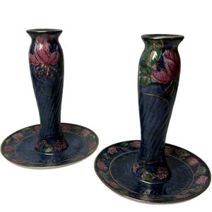 Schönes Paar florale Vintage Porzellan handbemalte Kerzenhalter