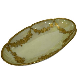 Antique Limoges Style Porcelain Tray: Golden Floral Wreath, Austria 1909