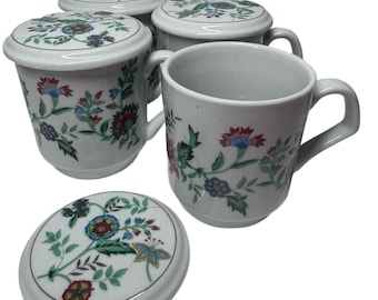 Vintage Porcelain Tea or Coffee Mug Set - Blue Floral Pattern with Lid Saucer