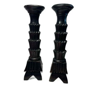 Unique Pair of Vintage Wooden Carved Candlesticks