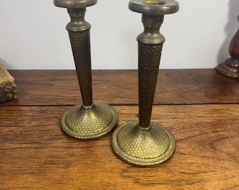 Vintage Hammered Brass Candlesticks, Pair of Dimpled Taper Candle Holders, 1970s 1980s Rustic Mid Century Bohemian Table Decor