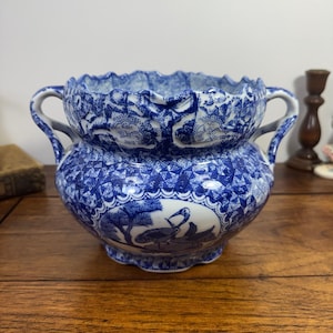 Vintage Bombay Company Blue & White Chinoiserie Jardiniere Planter, Scalloped Rim Crane Cachepot