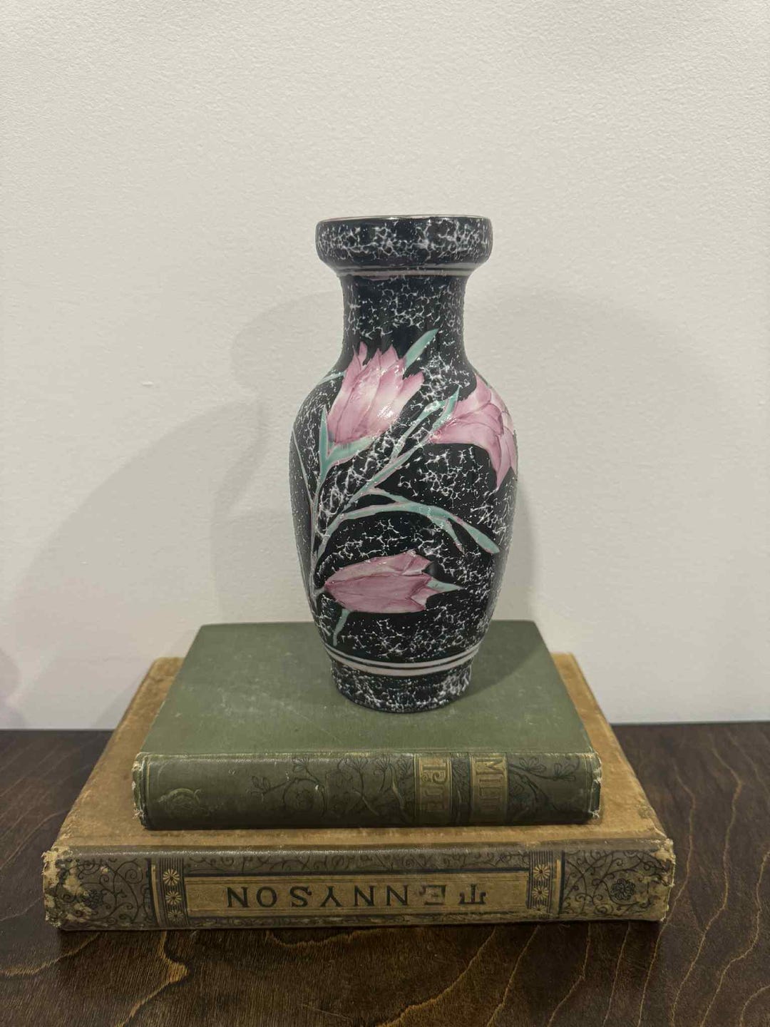 Vintage Black Moriage Textured Hand Painted Pink Flower Vase - Etsy