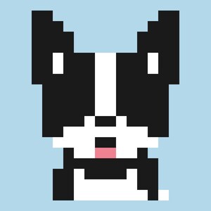 Puede incluir: Una ilustración en arte de píxeles de una cara de perro con coloración blanca y negra, una franja blanca vertical entre los ojos, orejas puntiagudas y una pequeña lengua rosa visible sobre un fondo azul claro.