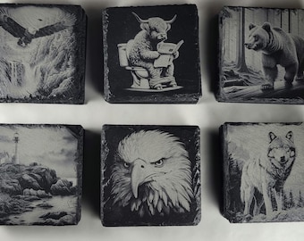 Laser Engraved Slate Coasters - Wildlife Designs, Set of 4