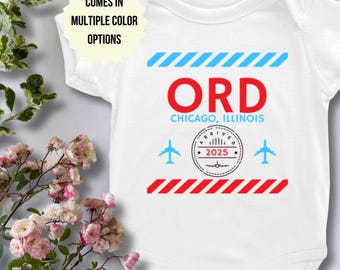 Chicago ORD Airport Baby Onesie | Travel Announcement Bodysuit, Chicago Illinois, Airport Code, Luggage Suitcase Boarding Pass