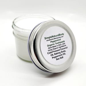 4floz Organic Peppermint Toothpaste, Whitening, Oil Pulling, Fluoride Free, Vegan, Fresh Breath, Gum Health, Glass Jar, All Natural, Simple