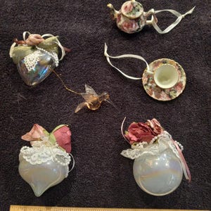 Victorian Garden Tea Party Christmas Ornament Collection - Porcelain Teapot, Teacup, & Lace Accents