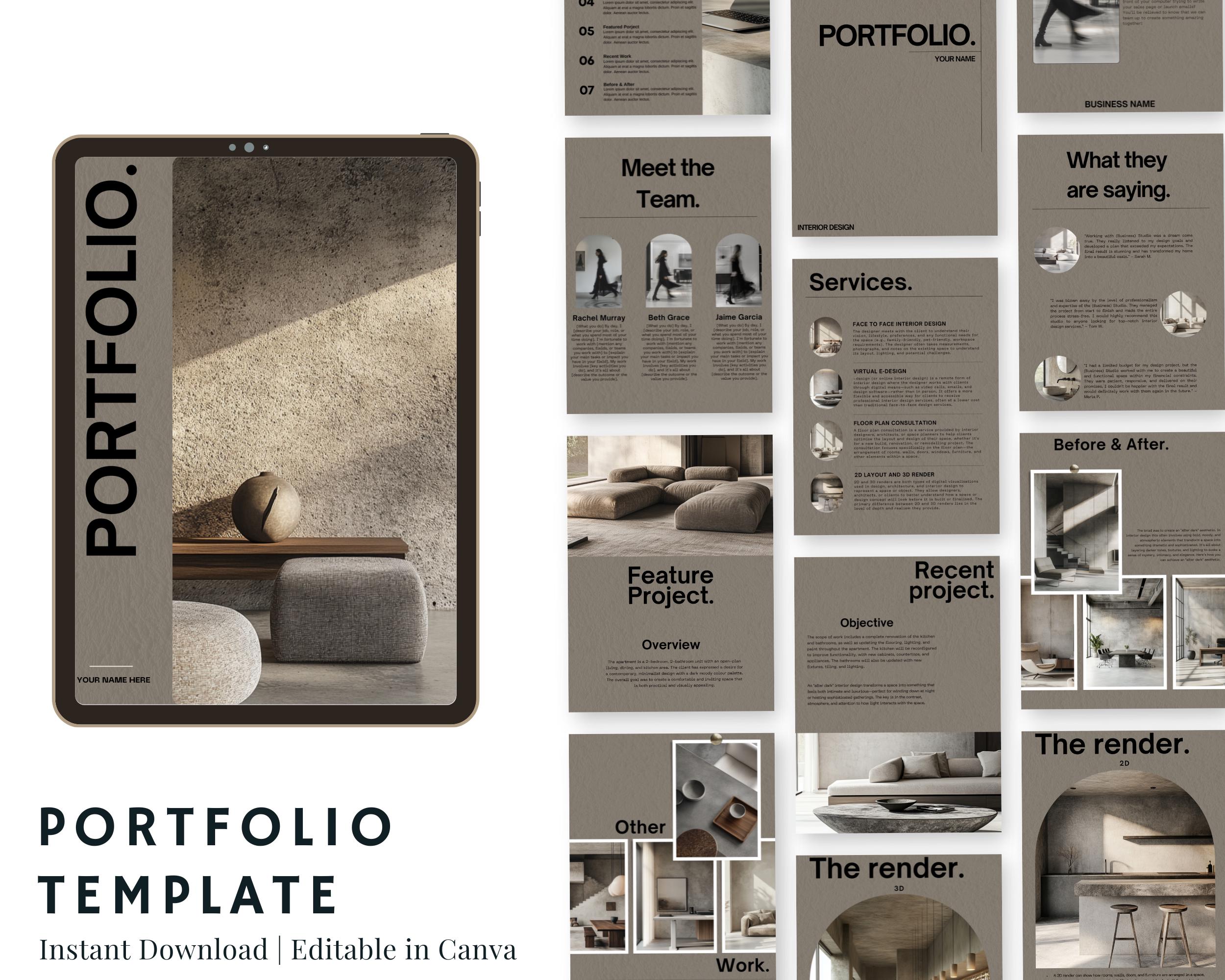 Interior Design Portfolio Template, Grey Concrete, Canva (digital ...