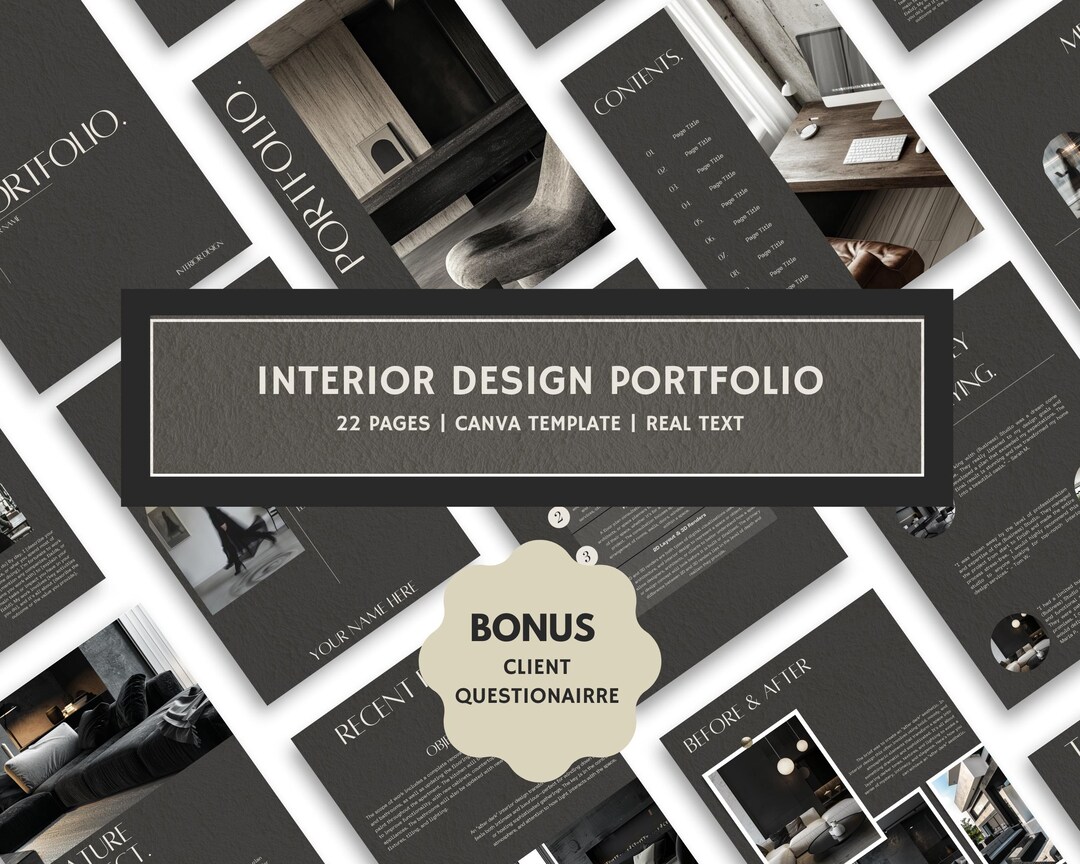 Interior Design Portfolio Template, Canva Dark Grey (A4) - Etsy