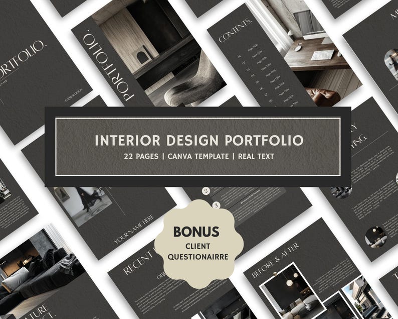 Interior Design Portfolio Template, Canva Dark Grey (A4) - Etsy