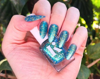 Autumn Breeze - Kitti Nails - Australian Handmade Non-Toxic Nail Polish - Blue Green Aqua Multichrome Holographic Gold Flake Nail Lacquer