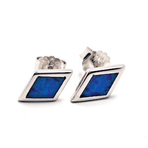 Zilverblauwe opaal diamanten oorknopjes, minimalistische geometrische sieraden