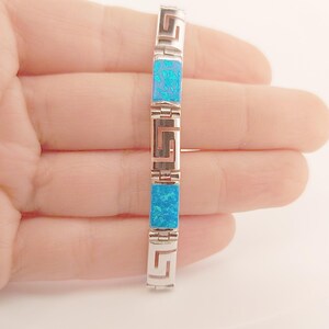 Sterling Silver Blue Opal Link Bracelet, Greek Key Meander Design