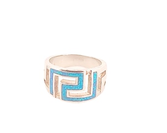 Sterling Silber Ring, Mäander Design mit Blauem Opal Inlay, Statement Ring