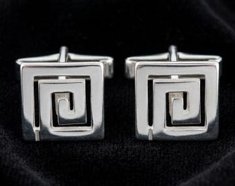 Greek Key Sterling Silver Cufflinks: Square Meander Design