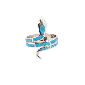 Könnte beinhalten: Ein silberner Schlangenring mit türkisfarbenen Inlays. Der Ring ist in Form einer Schlange gestaltet, mit erhobenem Kopf und um den Finger gewickeltem Körper. Die türkisfarbenen Inlays sind am Körper und Kopf der Schlange zu sehen.