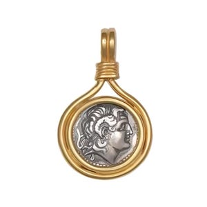 Alexander the Great Ancient Greek Silver Coin Pendant, Gold Plated Frame Design