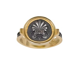 Anillo de plata bañado en oro, diseño arquitectónico griego, anillo llamativo