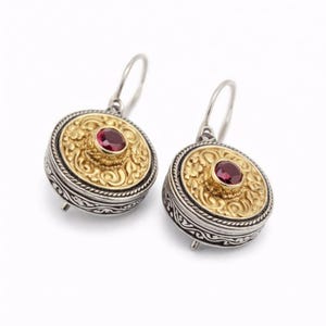 Byzantine Inspirierte Vergoldete Rubin Ohrringe, Zweifarbige Vintage Filigree Ohrringe