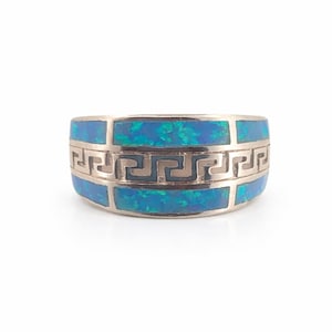 Anillo de ópalo azul, plata de ley con diseño de meandro de llave griega, anillo llamativo.