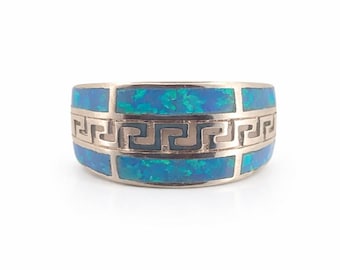 Blauer Opalring, Sterlingsilber-Griechischer Schlüssel Meander Design, Statement Band