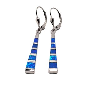 May include: A pair of silver leverback earrings. Each earring has a long, tapered design with alternating bands of blue opal and silver. The earrings are set against a white background.