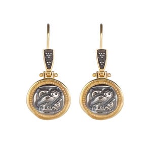Athena&#39;s Owl Dangle Earrings: Silver & Gold-Plated Wisdom