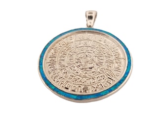 Sterling Silver Phaistos Disc Pendant: Blue Opal Inlay, Ancient Greek Design