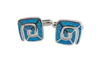 Blue Opal Greek Key Cufflinks, Sterling Silver, Meander Square Design, 925 Silver