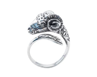 Silver Ram Head Ring: Adjustable Greek Mythology Statement Ring