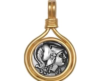 Athena Greek Goddess Pendant: Silver & Gold Coin Medallion Necklace