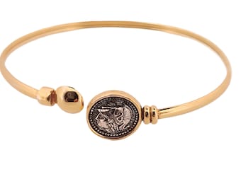 Gold Plated Athena Bangle Bracelet: Ancient Greek Coin Medallion
