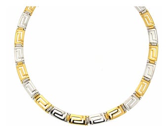 May include: A gold and silver-toned necklace with a repeating geometric pattern. The necklace features alternating gold and silver rectangular links, creating a bold and stylish accessory. The design is symmetrical and suitable for various occasions.