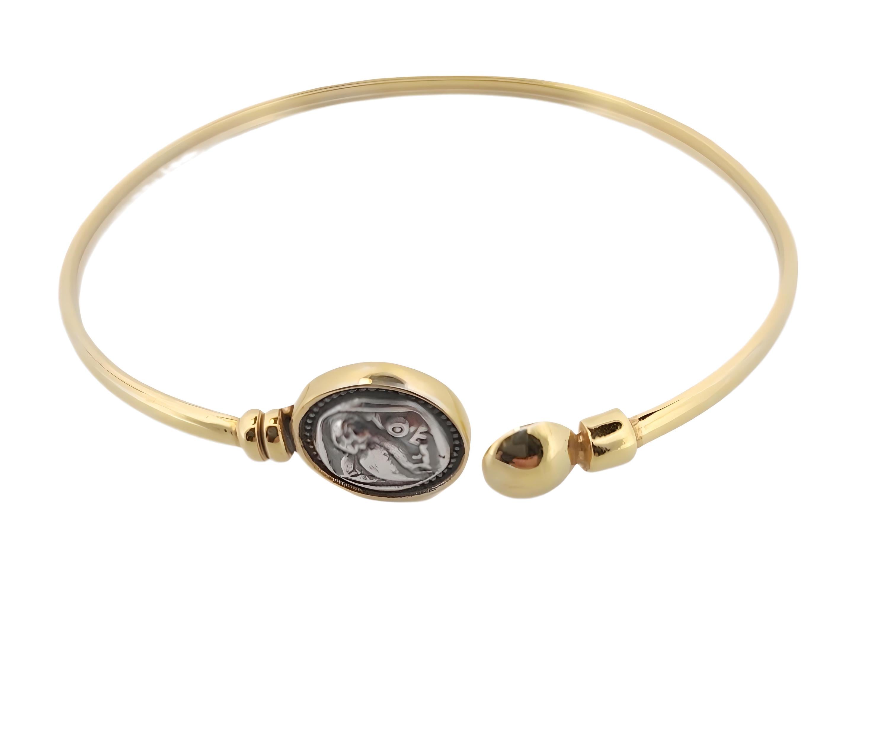 Owl Bracelet, Silver Gold Plated Bangle, Greek Mythology Inspired, Adjustable Bangle